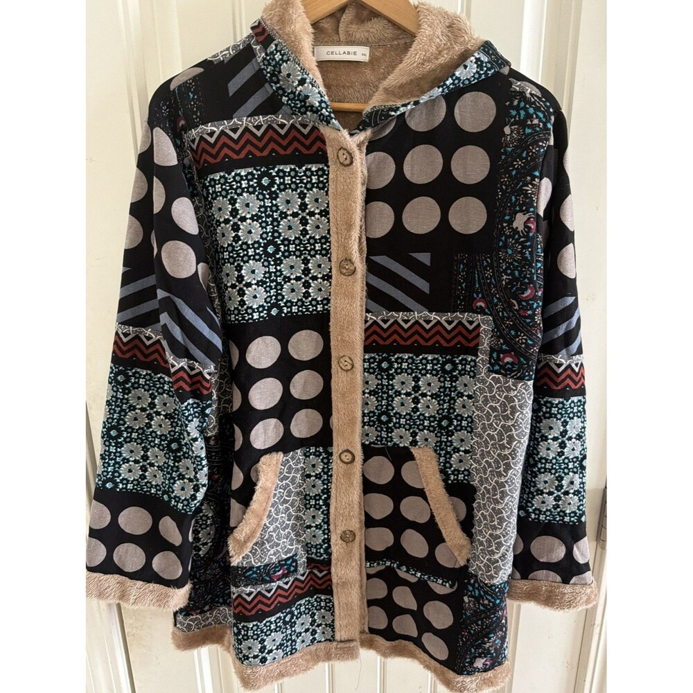 Womens Boho Patchwork Jacket Hooded Sherpa Lined Faux Fur Retro Cottage Size 3XL